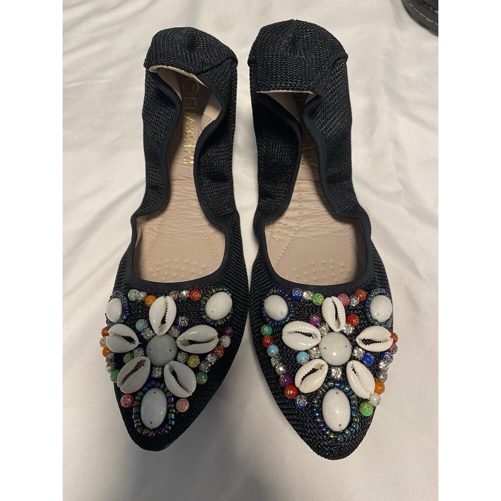 Guansitu Shoe Size 10 Slip On Flats Black Seashell Beads Colorful Bend Elastic